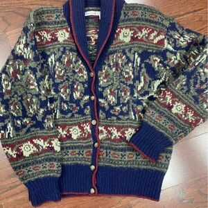 Vtg Shetland Wool Fisherman Cardigan Sweater Knit Cottage Coastal Grandma M